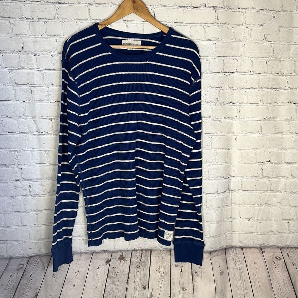 Denim & Supply Ralph Lauren Thermal‎ Waffle  Navy Blue Striped Long Sleeve Shirt